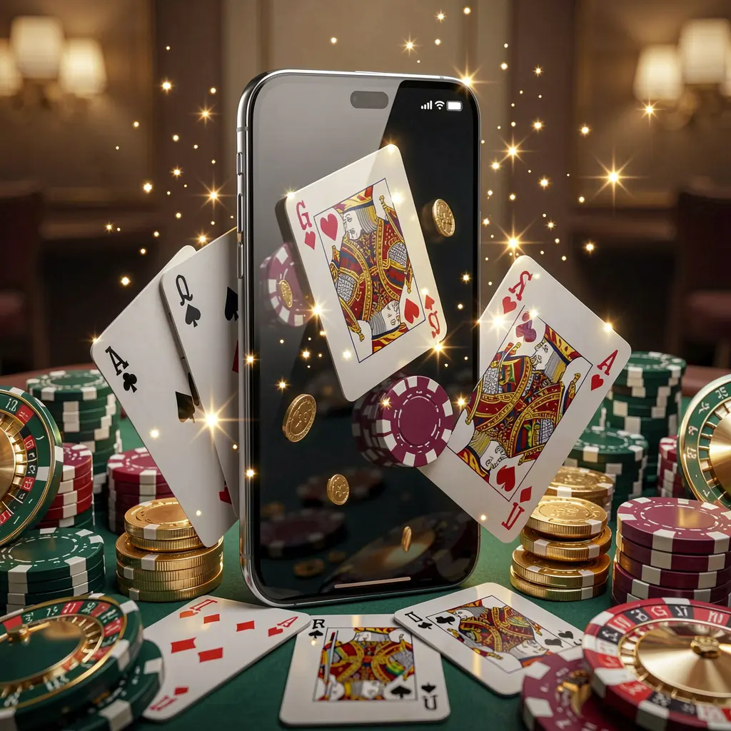 FU999 mobile gaming application concept showing a smartphone surrounded by playing cards, roulette chips, gold coins, and sparkling lights in a premium casino style
