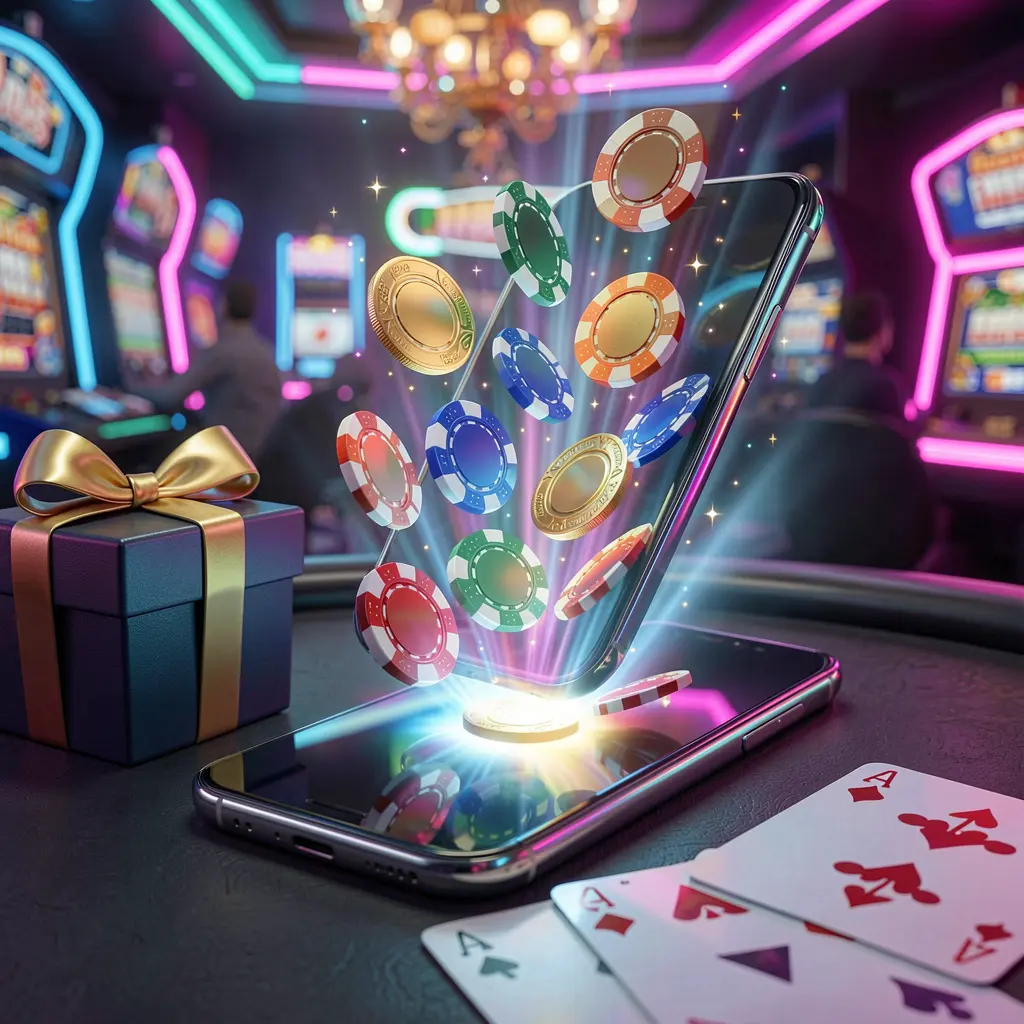 FU999 mobile casino bonus scene with a modern smartphone displaying glowing casino chips and coins emerging from the screen, surrounded by a gift box and playing cards in a bright neon casino atmosphere