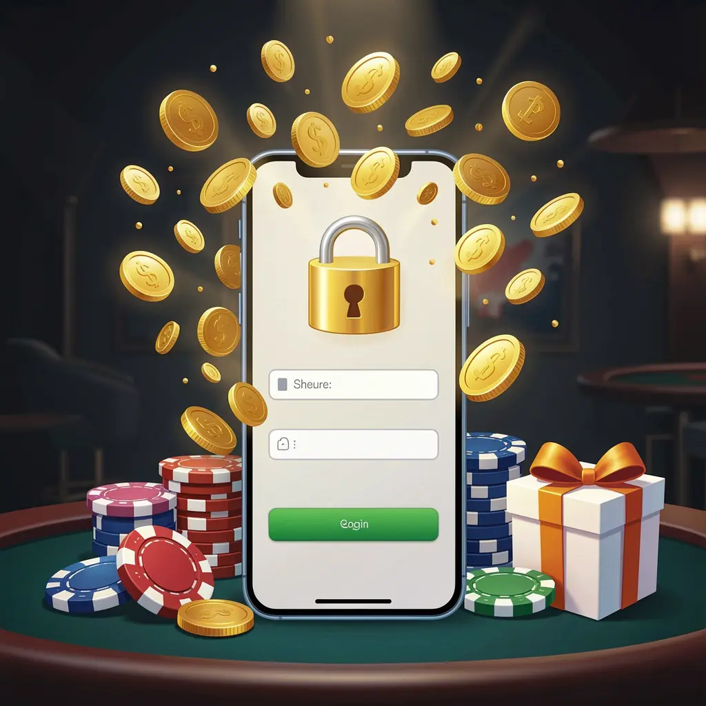 FU999 casino user login illustration showing a phone with secure access icon, golden coins bursting from the screen, poker chips and a gift box nearby on a dark premium background