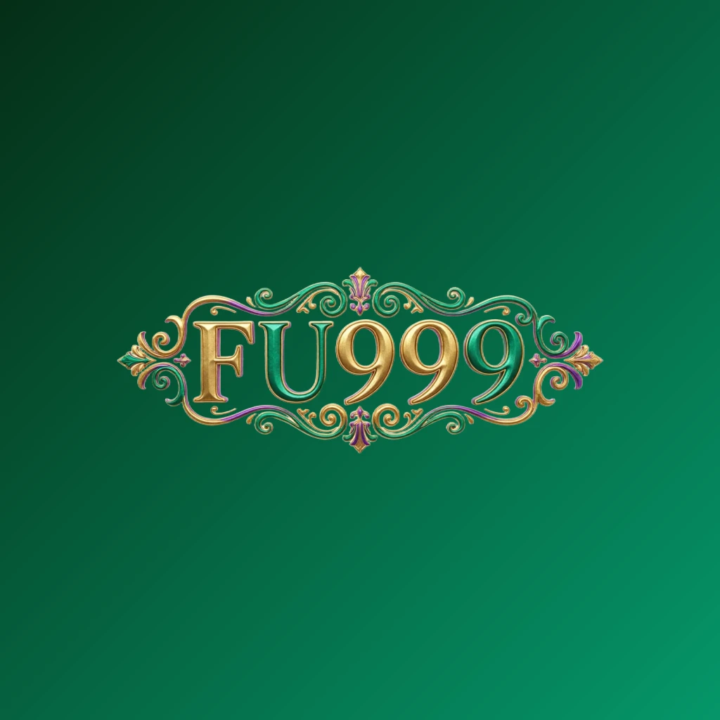 Luxury colorful FU999 logo with bold serif typography in rich emerald, violet, and gold palette featuring elegant glowing ornaments, designed as a premium brand identity on a transparent background