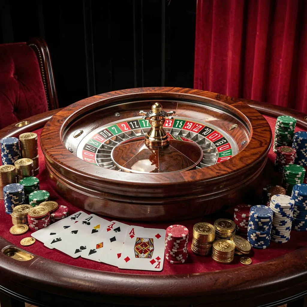 FU999 online casino platform hero image featuring an elegant gaming table with roulette wheel, blackjack cards, poker chips, and coins under luxury cinematic lighting with a black and red background
